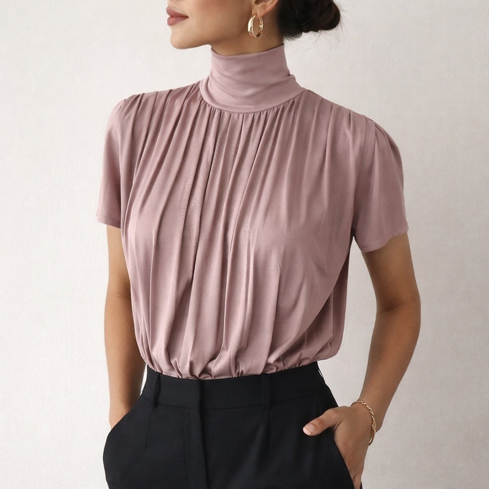 Dusty Mauve Pleated High Neck Blouse | Structured Turtleneck Top | Size M